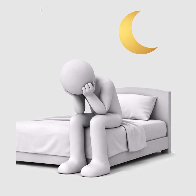 Personnage prostré sur son lit, avec la peur d'aller dormir. quand l'angoisse empêche d'aller se coucher