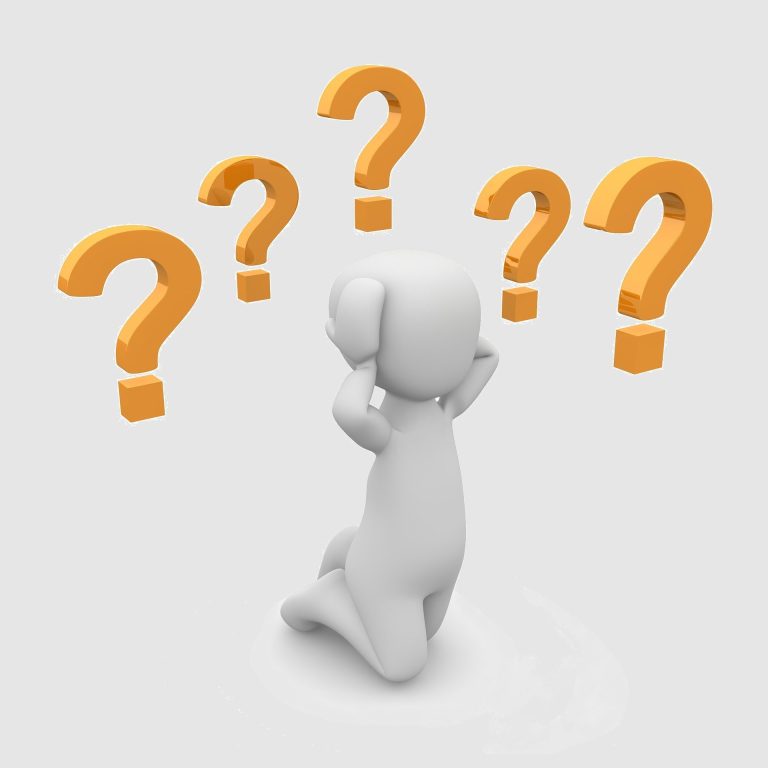 Personne angoissée stylisée avec des points d'interrogation, exprimant confusion ou questionnement.