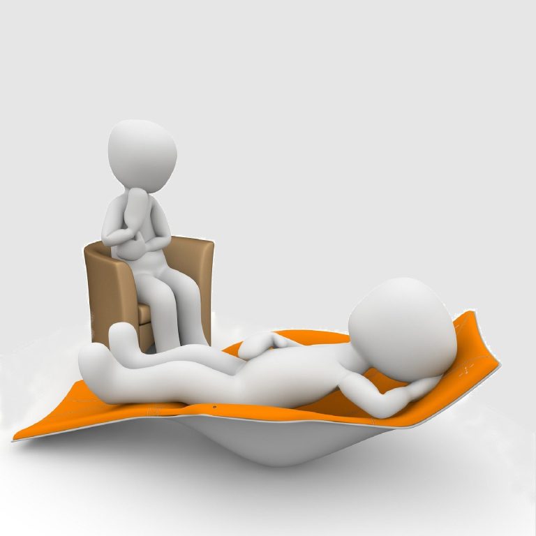 Deux personnages stylisés, un patient sur un divan orange et le psychanalyste assis sur une chaise.