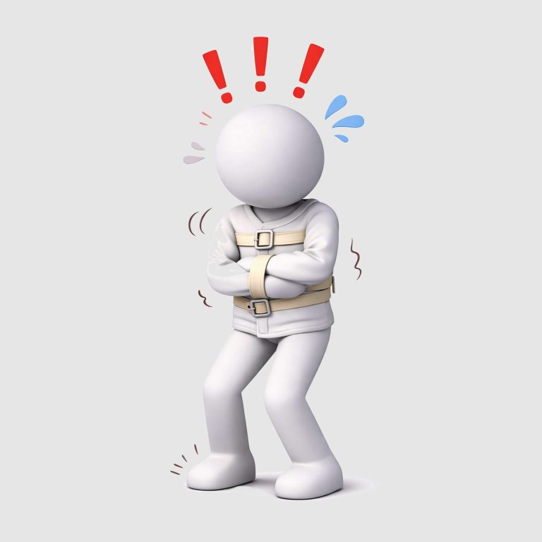 Peur de devenir fou liée à l’anxiété illustrée par un personnage en détresse avec sensation de perte de contrôle mental Illustration de la peur de devenir fou lors d’une crise d’angoisse, sensation où la personne a l’impression de perdre le contrôle